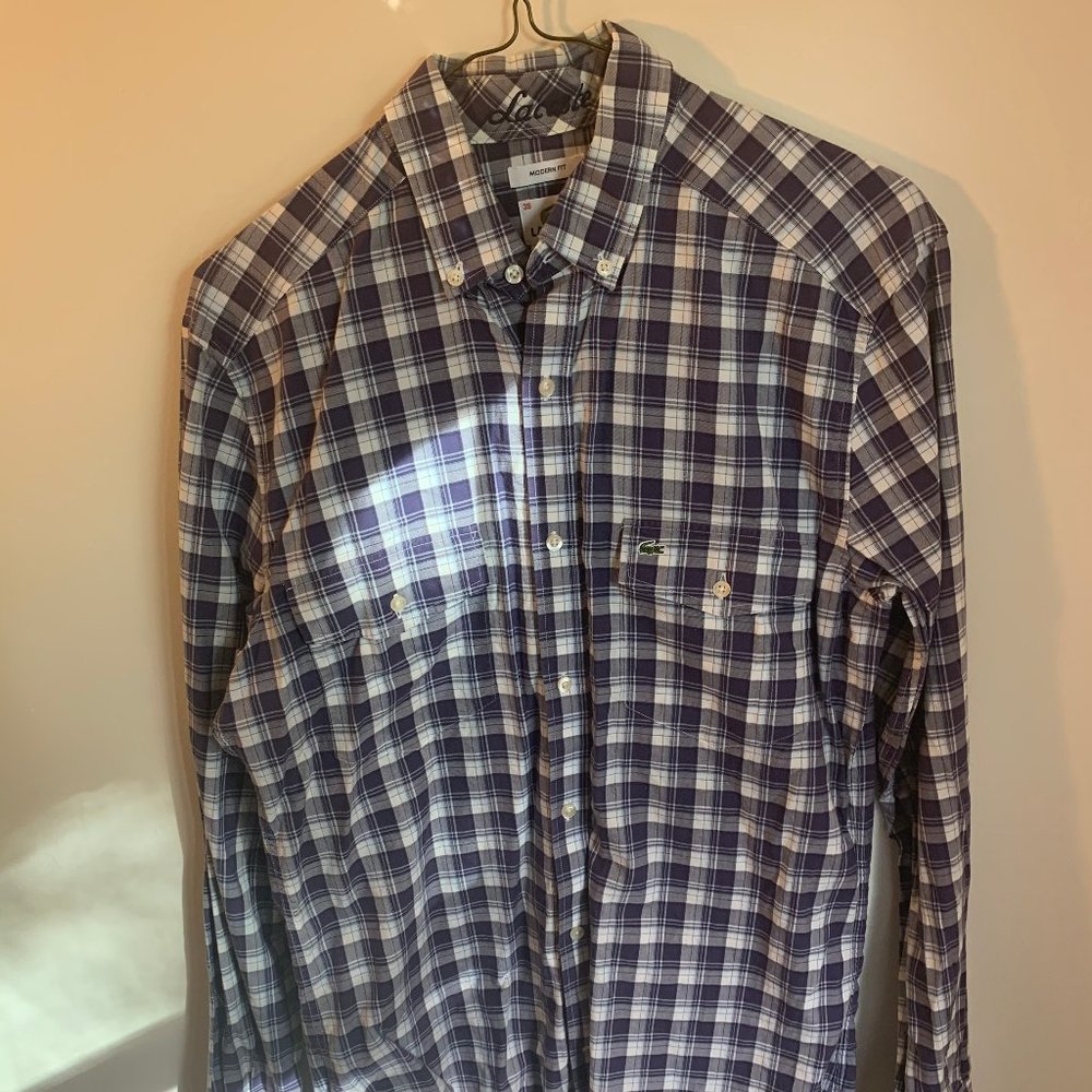 Men's Lacoste Button Down 38 Med Blue Plaid